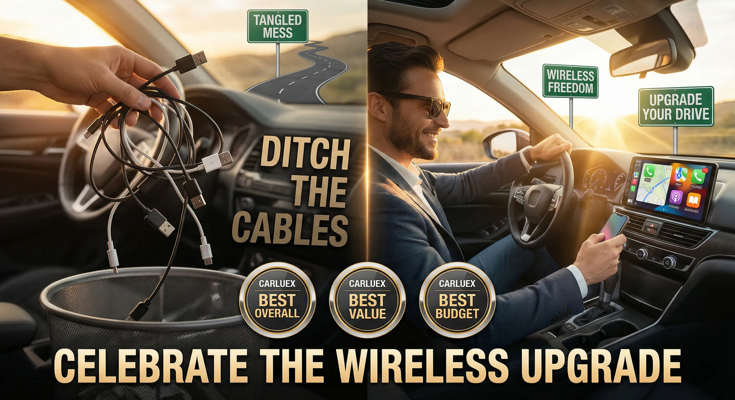 Wireless CarPlay adapter beside a checklist showing compatibility and connectivity features on a modern car dashboard