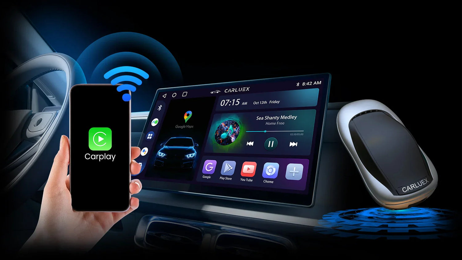 Wireless Bluetooth car adapter plugged into dashboard connecting to a smartphone playing music