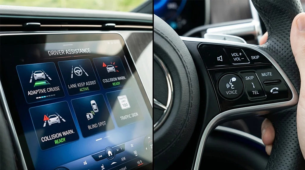 Confronto tra l'interfaccia FSD integrata di Tesla e Apple CarPlay sul display dell'infotainment standard, con sfondo del chip Terafab.