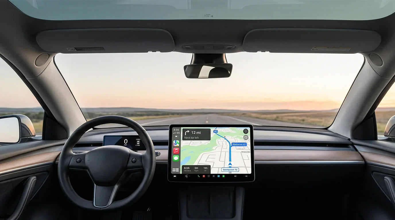 Apple CarPlay interface on Tesla Model Y infotainment screen with GPS navigation.