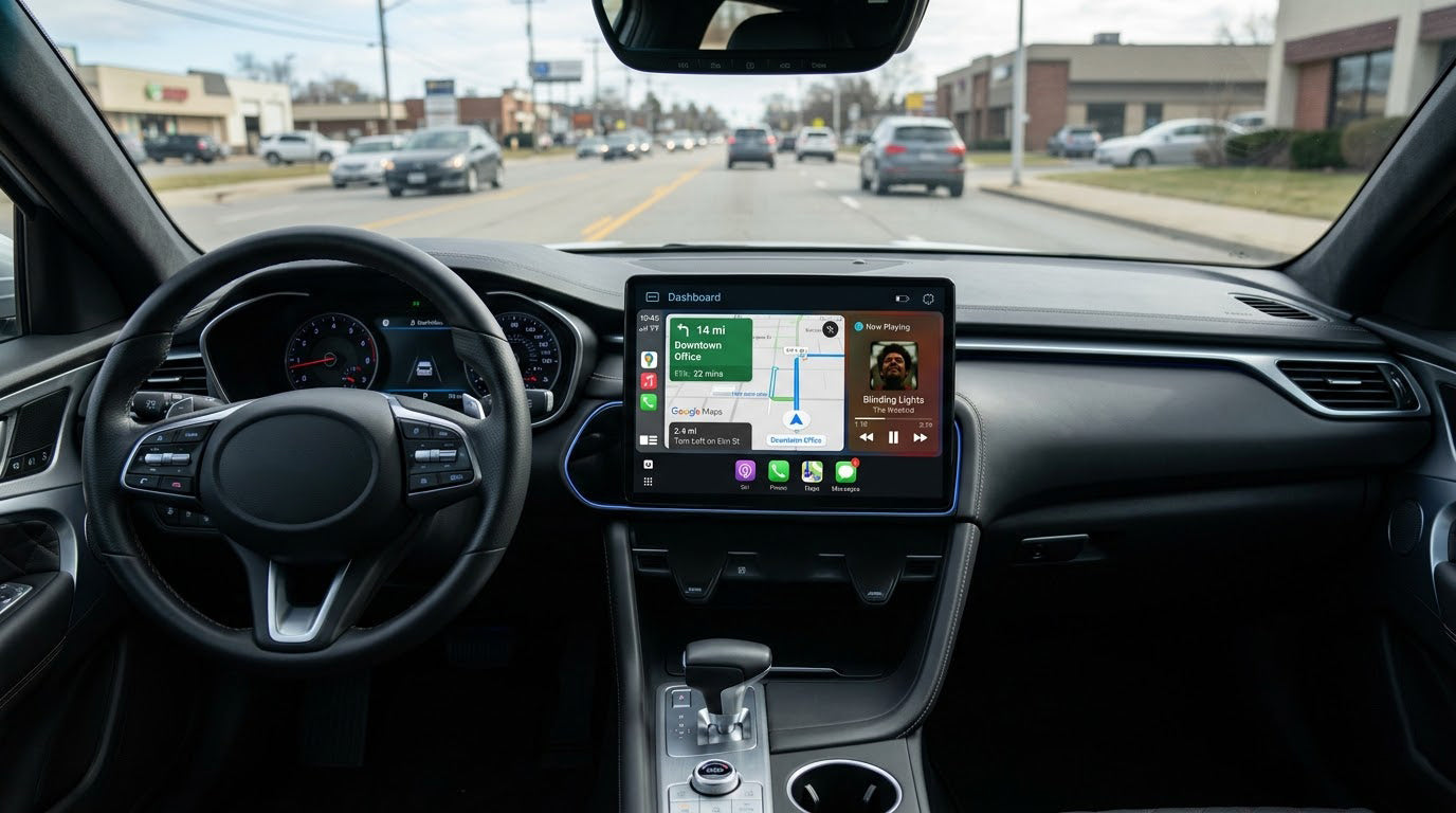 Driver's perspective of a car interior with Apple CarPlay Dashboard showing split-screen navigation and media controls.
