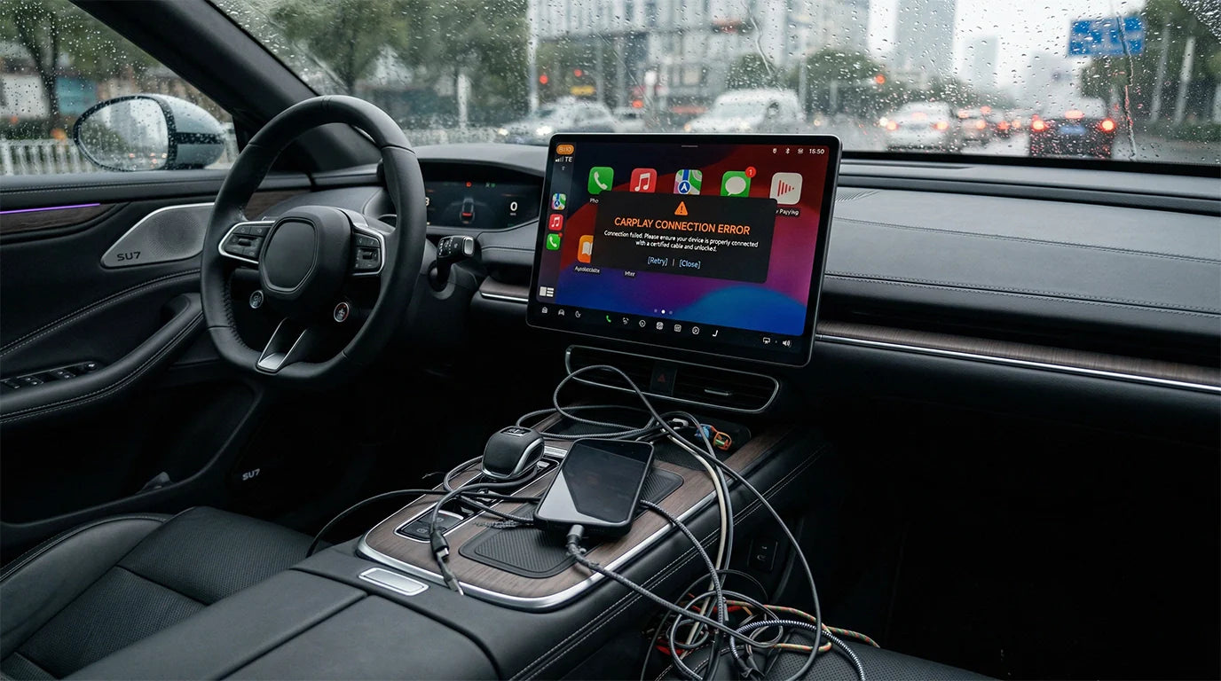 iPhone connected to car dashboard showing CarPlay connection error with frayed USB cable in 2026.