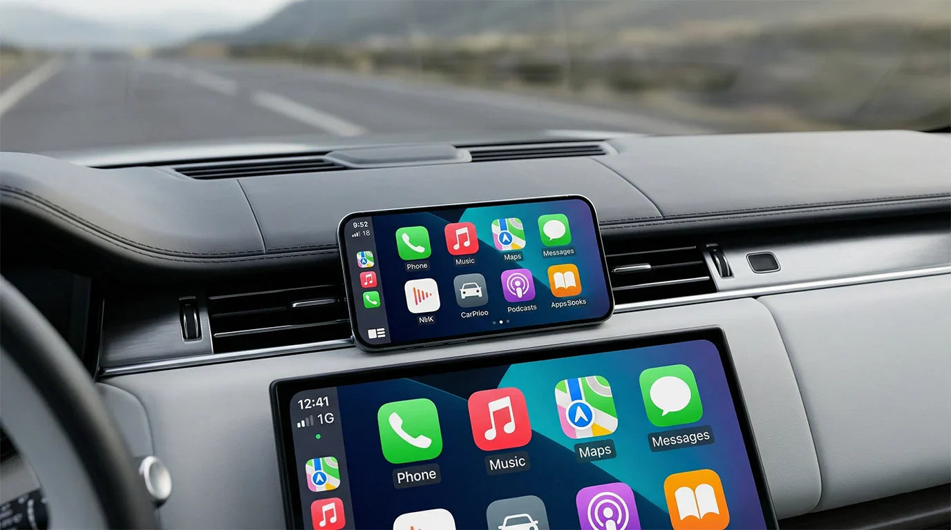 Portless iPhone 18 Pro running wireless CarPlay on car dashboard infotainment screen