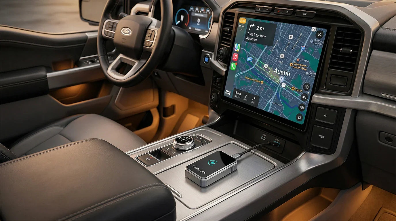 Wireless CarPlay adapter connected to Ford F-150 SYNC 4 infotainment system showing Apple Maps
