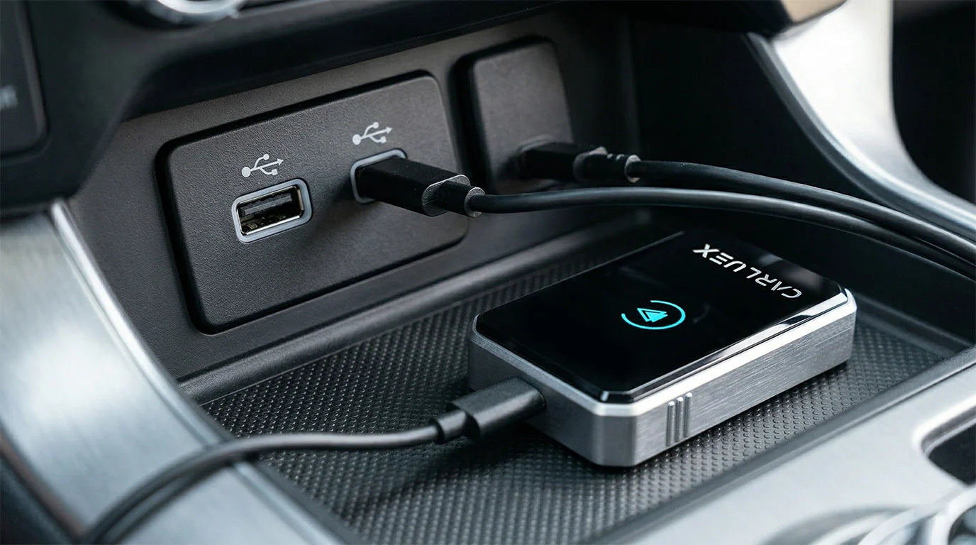 Adattatore CarPlay wireless collegato al sistema di infotainment Ford F-150 SYNC 4, con Apple Maps visualizzato.