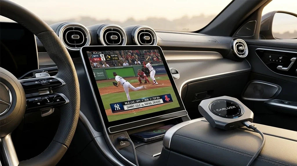 Wireless CarPlay adapter streaming MLB.TV live game on car dashboard screen