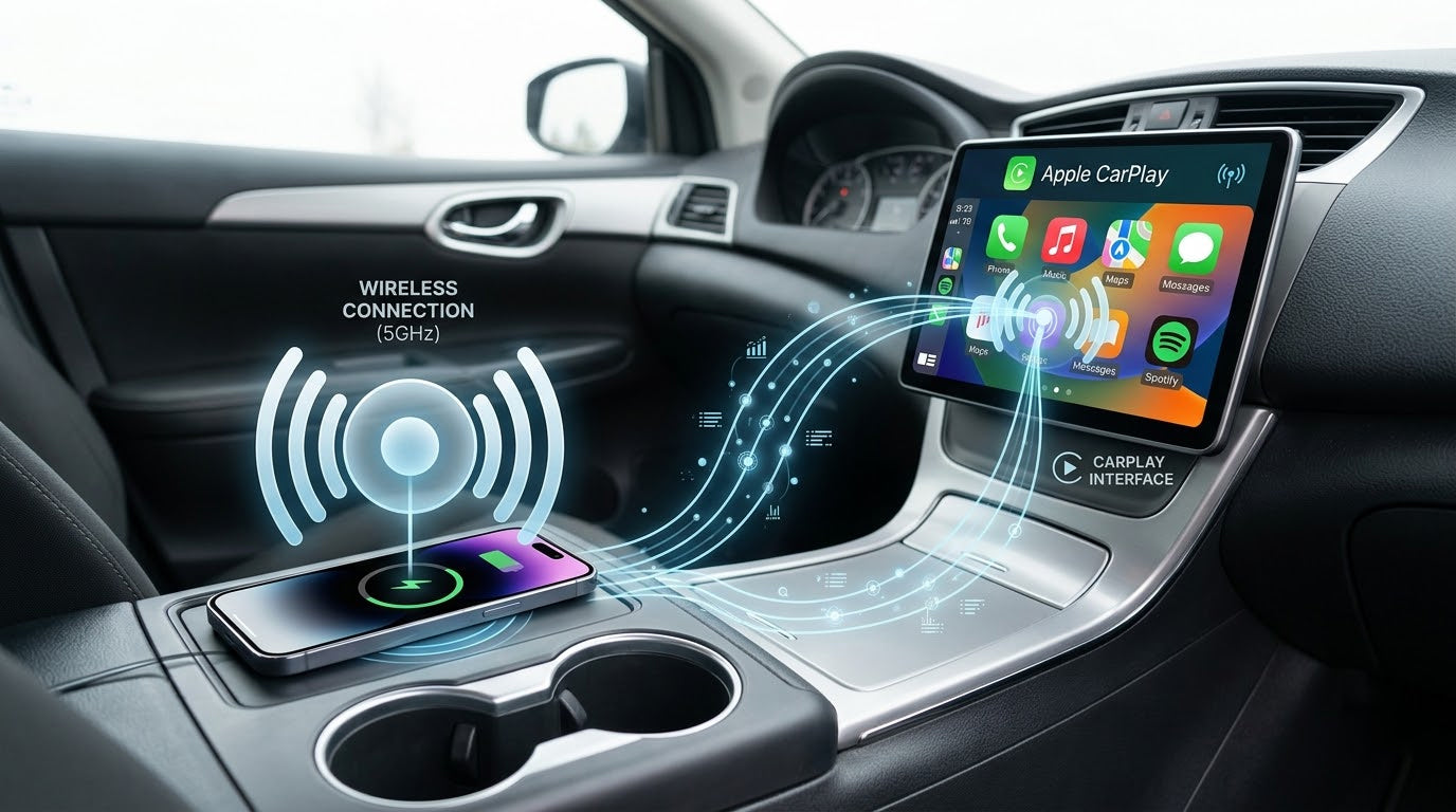 iPhone connecting wirelessly to Hyundai infotainment system via Bluetooth and Wi-Fi.