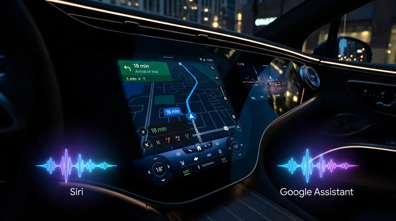 Confronto tra l'interfaccia Apple CarPlay 2.0 e il sistema nativo di monitoraggio energetico per veicoli elettrici su una plancia ad alta tecnologia.