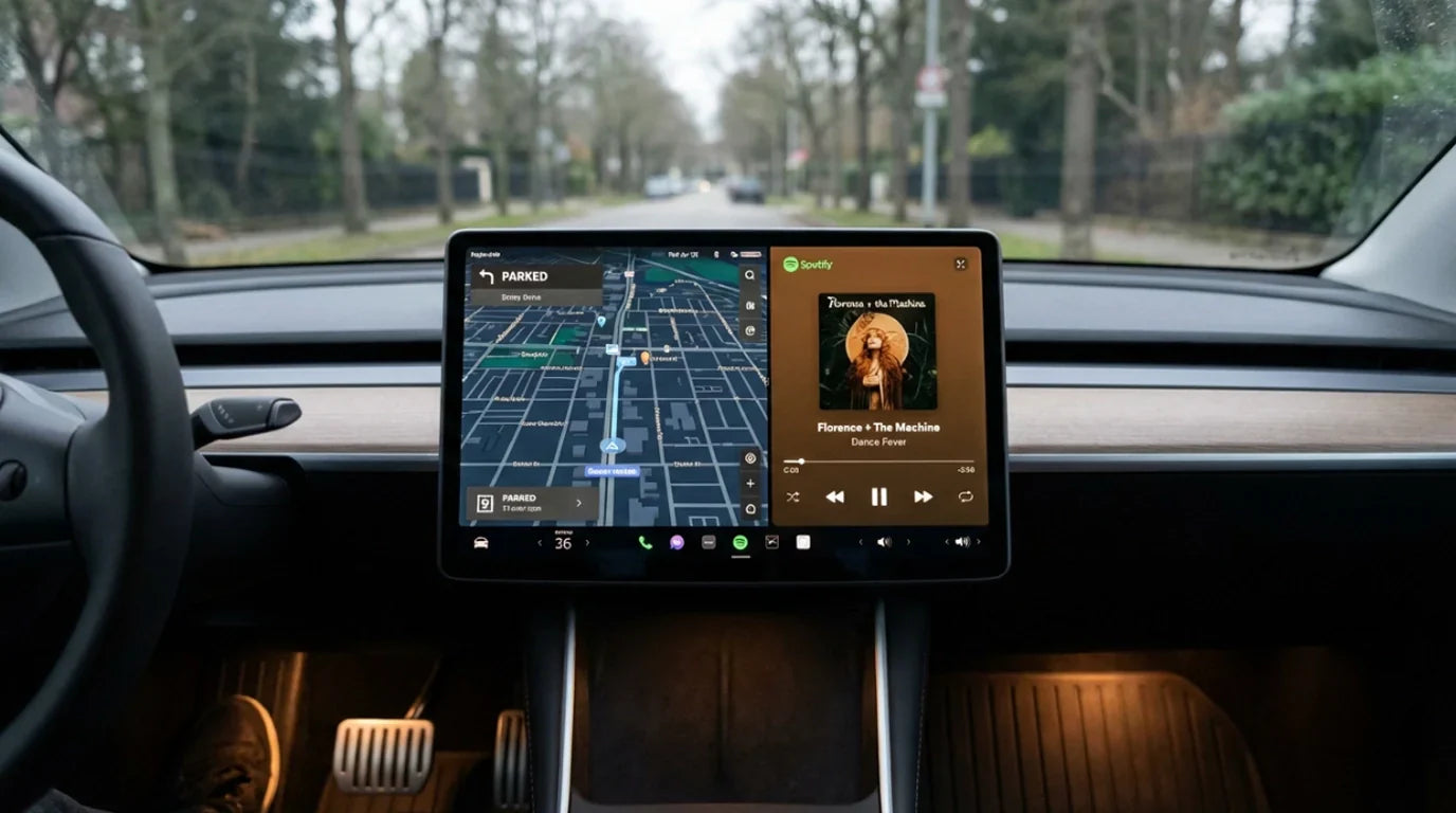 Schermata di navigazione di un adattatore CarPlay wireless sul cruscotto dell'auto, sotto il cielo notturno della Luna Rosa e dello sciame meteorico delle Liridi.