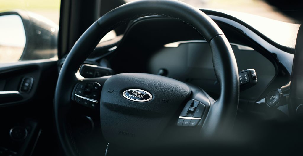 Close-up of a Ford car steering wheel