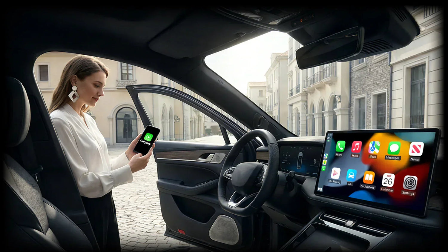 Woman using a smartphone to sync with a modern car's large touchscreen display featuring a colorful app interface.