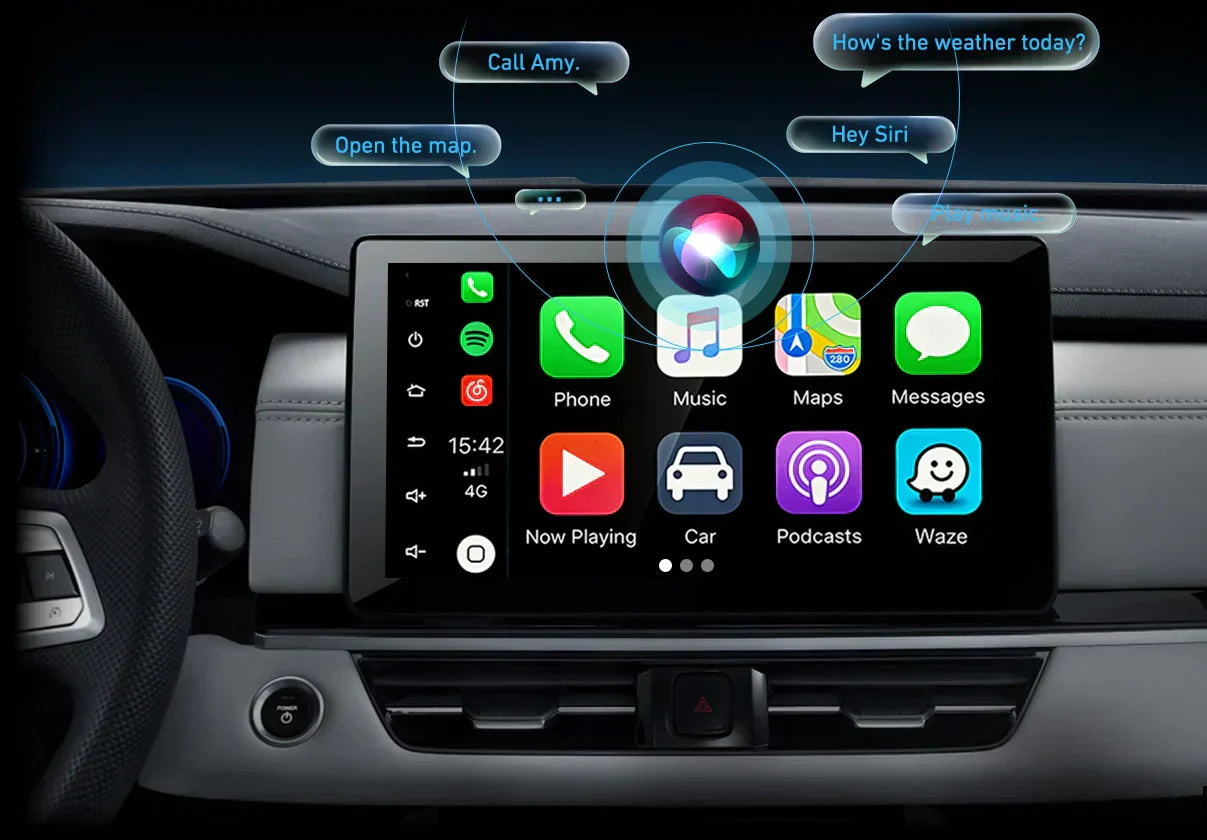 A car infotainment screen showing a smartphone integration interface with app icons like Phone, Music, and Maps. A glowing voice assistant orb is active at the top with floating command bubbles such as "Call Amy" and "Play music.