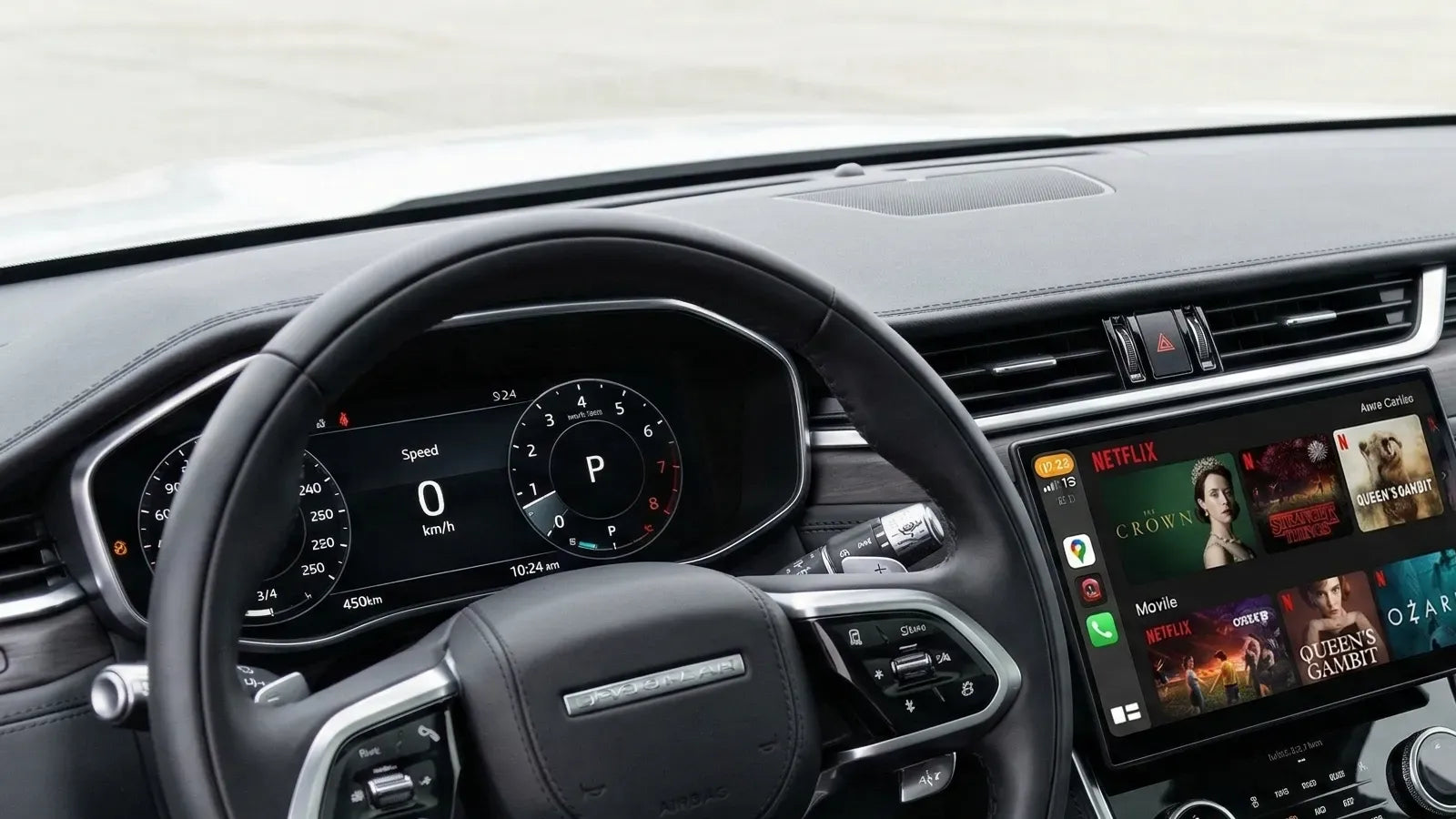 Netflix menu on a car's CarPlay screen showing movie thumbnails while the vehicle is shifted to park.