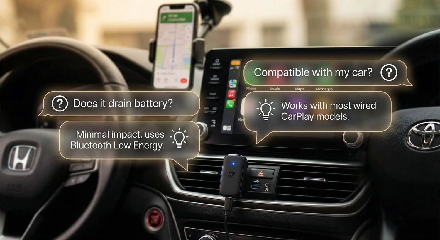 FAQ concept with speech bubbles on car dashboard, wireless adapter visible