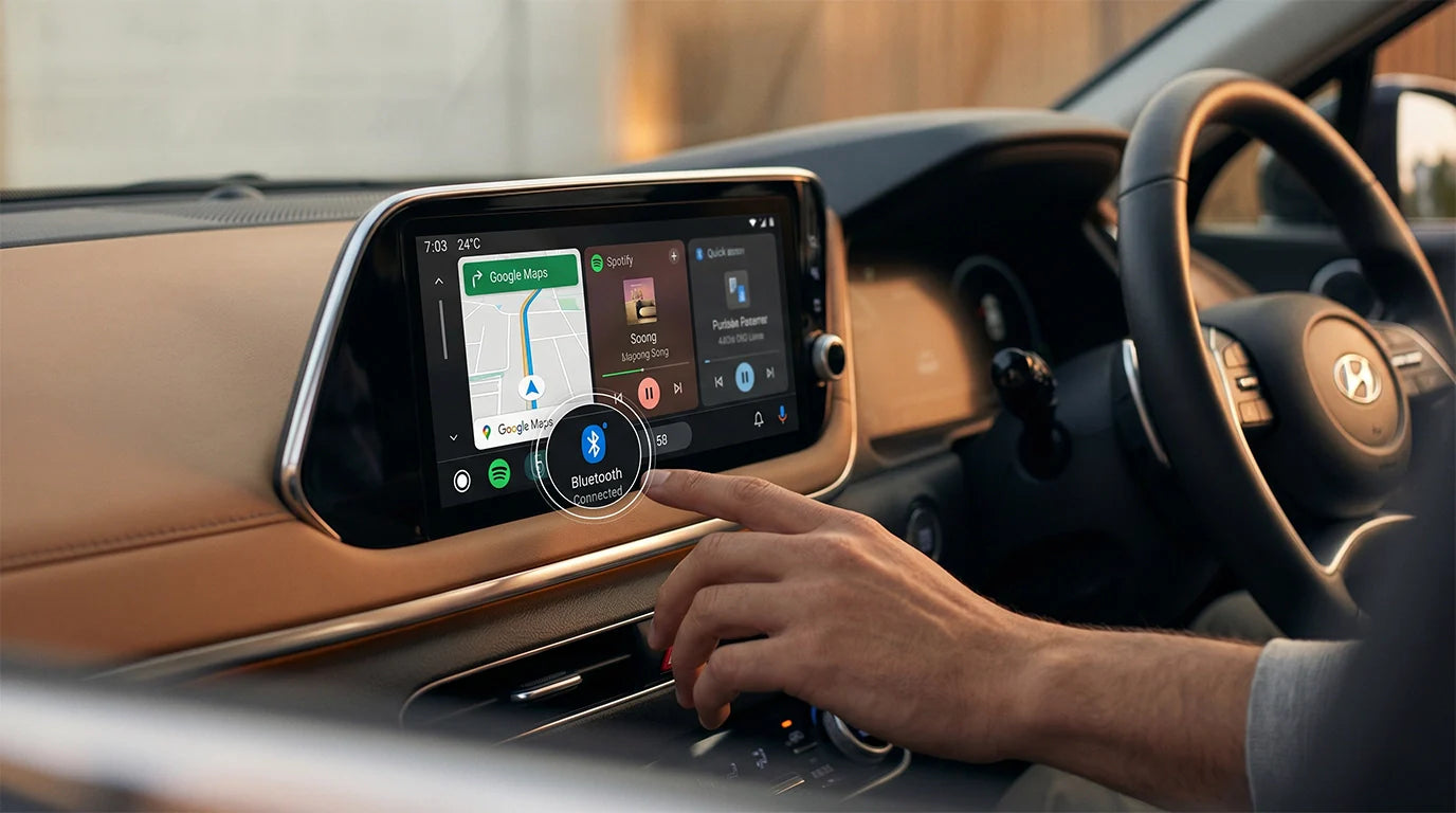 Hyundai car dashboard showing Android Auto Bluetooth home screen
