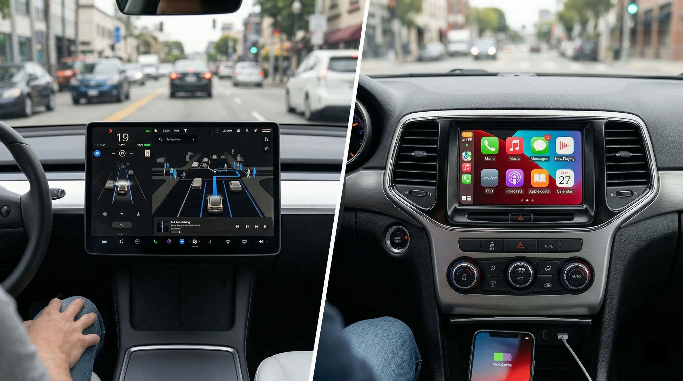 Comparison of Tesla integrated FSD interface and Apple CarPlay on standard infotainment display with Terafab chip background.