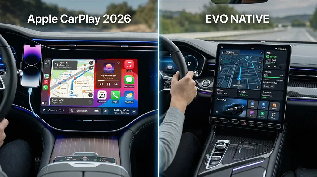 Comparison of Apple CarPlay 2.0 interface and native EV energy monitoring system on a high-tech dashboard.