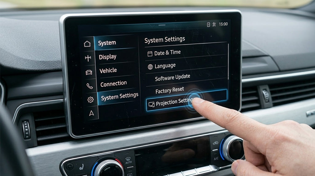 Un guidatore Toyota collega il proprio iPhone al sistema di infotainment Entune per la dashboard di Apple CarPlay.