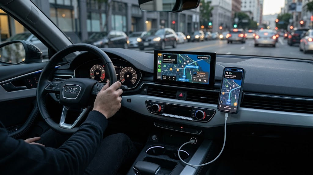 Driver perspective of Apple CarPlay dashboard with maps active on car infotainment screen.
