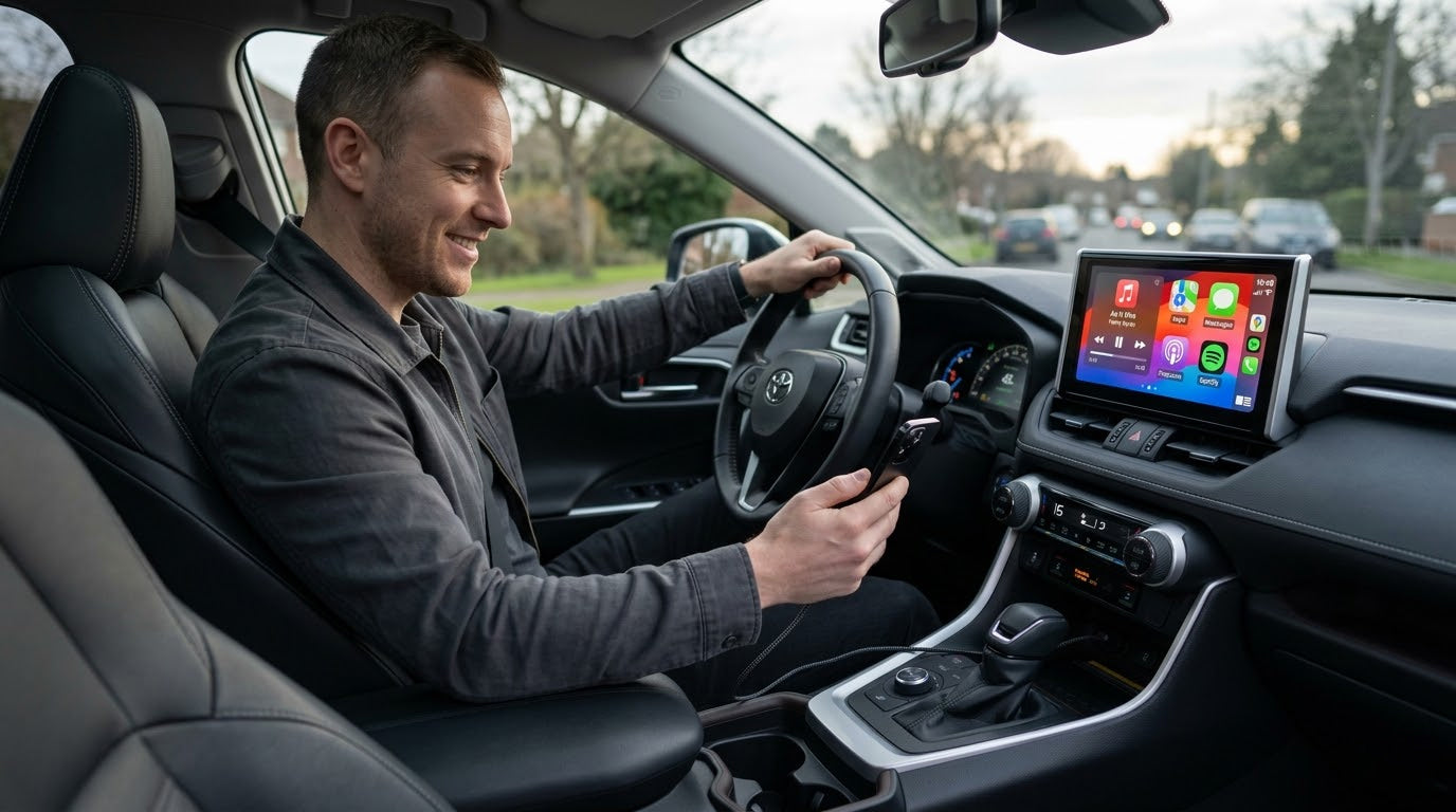 Toyota driver connecting iPhone to Entune infotainment system for Apple CarPlay dashboard
