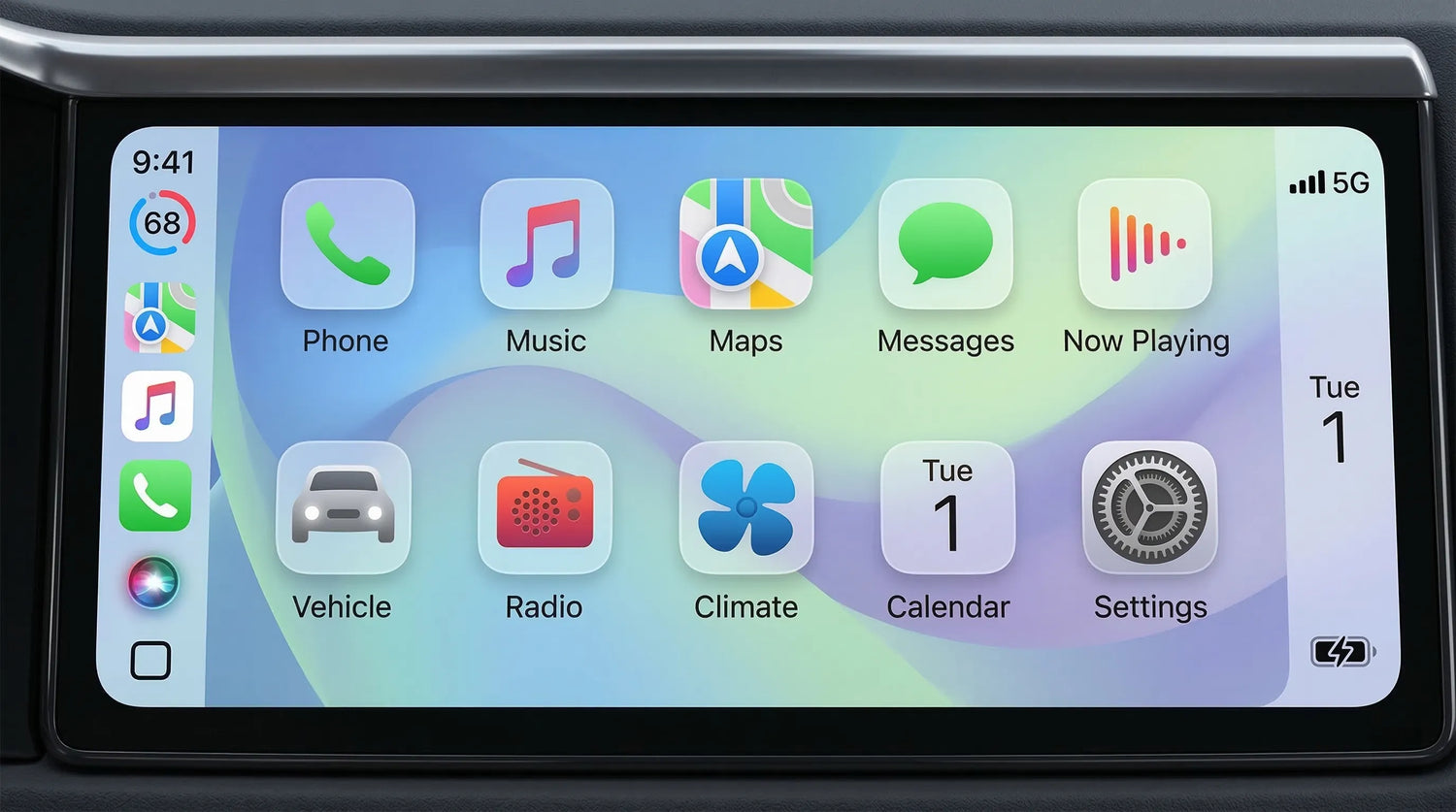 On the iOS 26 CarPlay home screen, app icons feature a glossy Liquid Glass transparent layer with a real-time refraction effect.