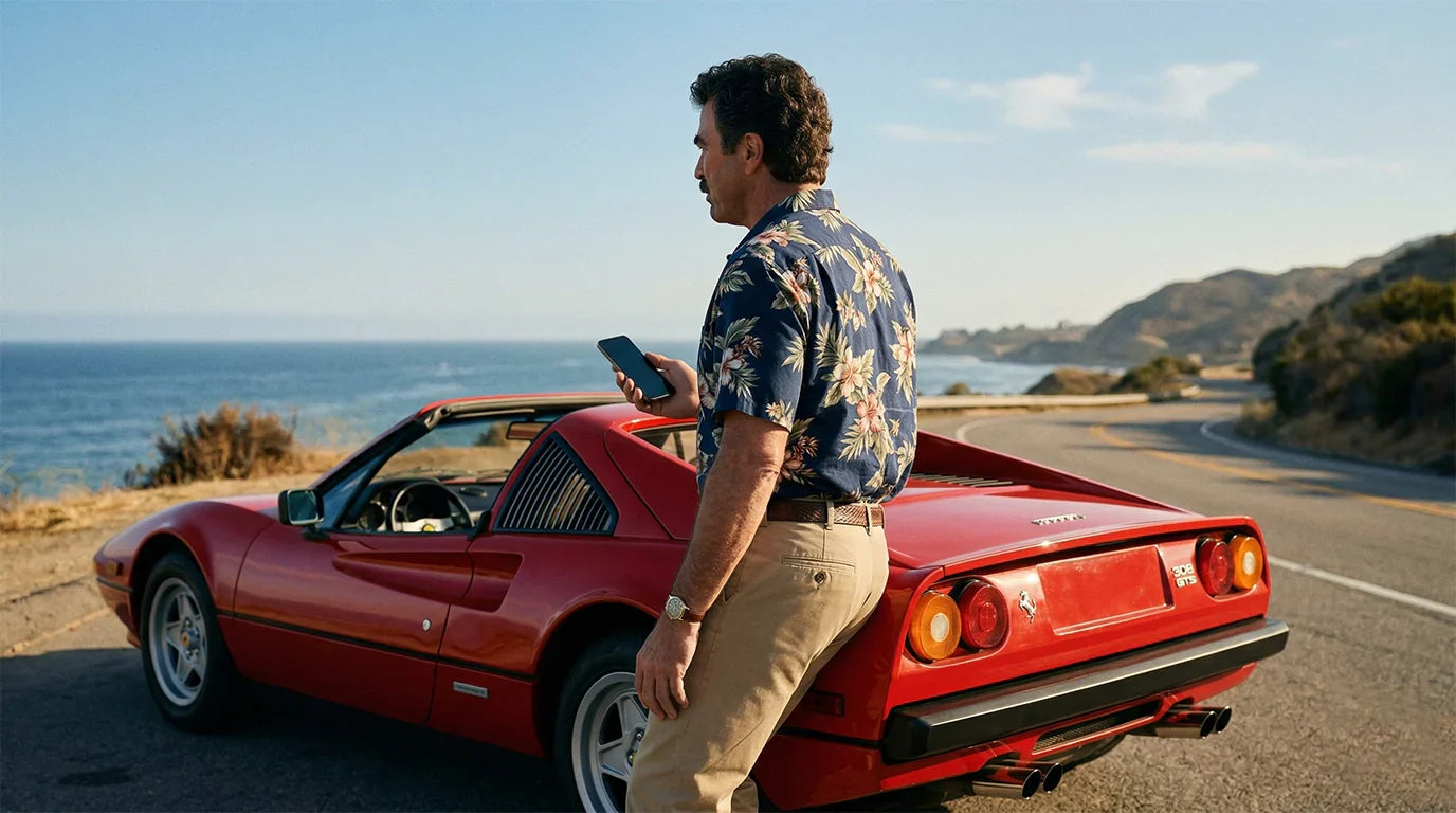 Tom Selleck style man with red Ferrari 308 GTS using iPhone Apple CarPlay