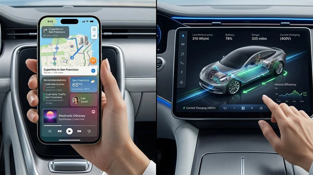 Confronto tra l'interfaccia Apple CarPlay 2.0 e il sistema nativo di monitoraggio energetico per veicoli elettrici su un cruscotto ad alta tecnologia.