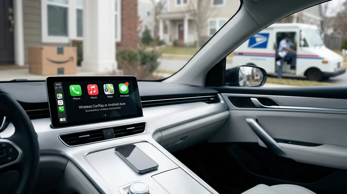 Wireless CarPlay adapter connected to car dashboard with Amazon USPS delivery truck in background