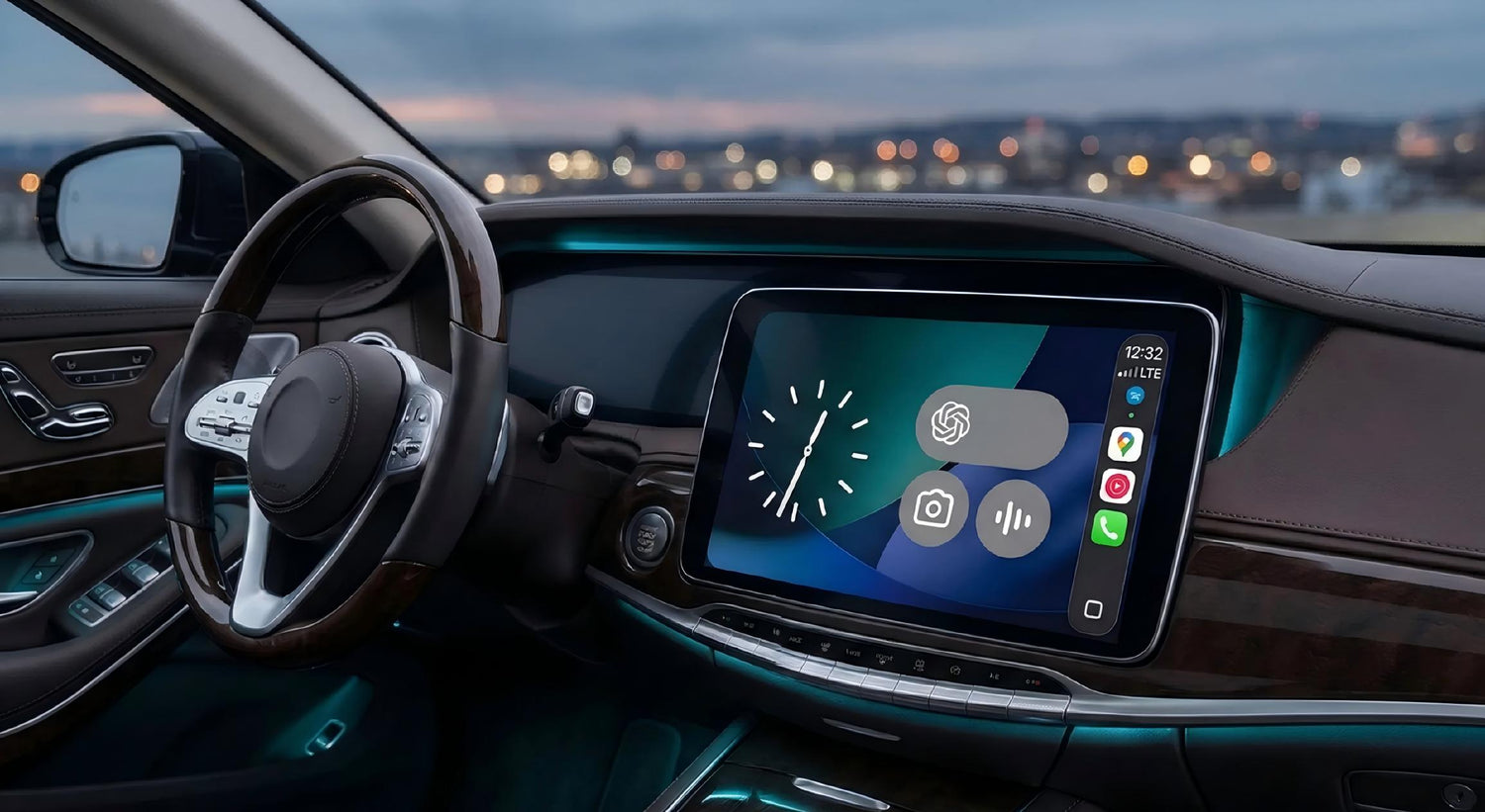 The iOS 26 Apple CarPlay Widgets feature a Liquid Glass design on the center console screen of luxury cars.