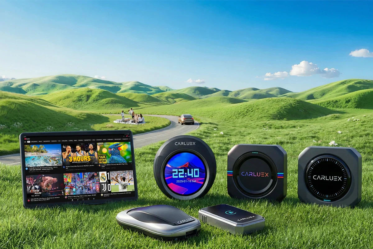 A set of Carluex in-vehicle smart peripherals against a grassland backdrop, including a tablet, digital instrument cluster, and streaming media box.