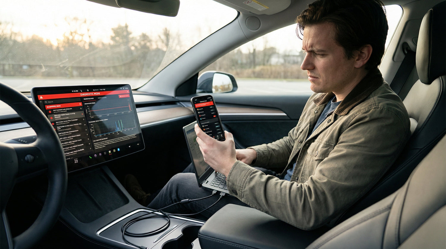 Driver troubleshooting Android Auto music playback problems using a smartphone and car dashboard interface