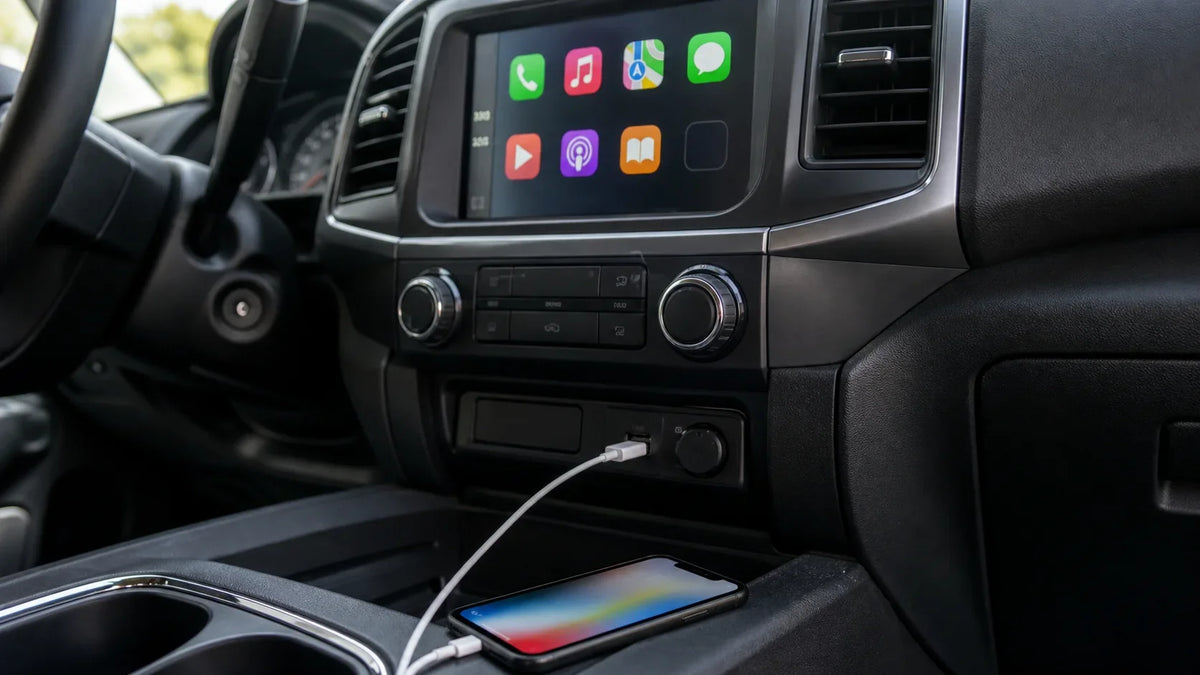 iPhone connected to a vehicle USB data port for wired Apple CarPlay