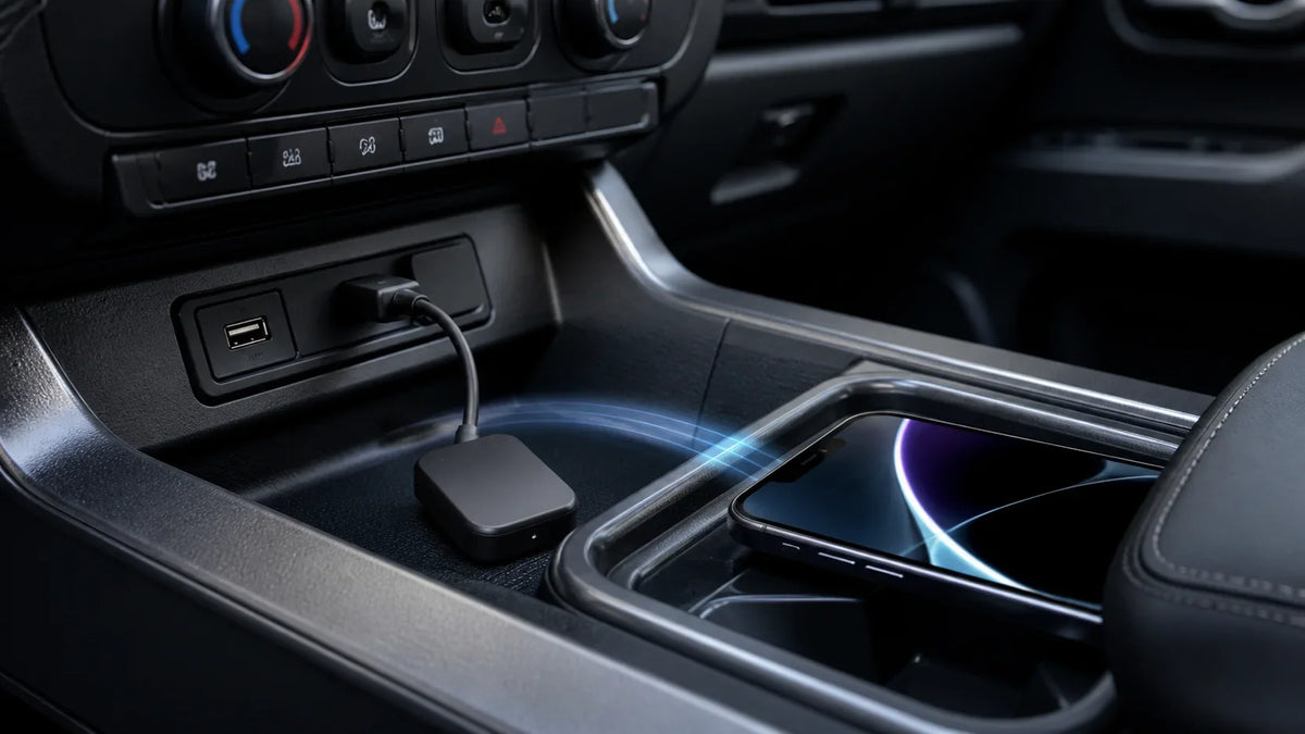Wireless CarPlay adapter connected through a vehicle USB data port for troubleshooting