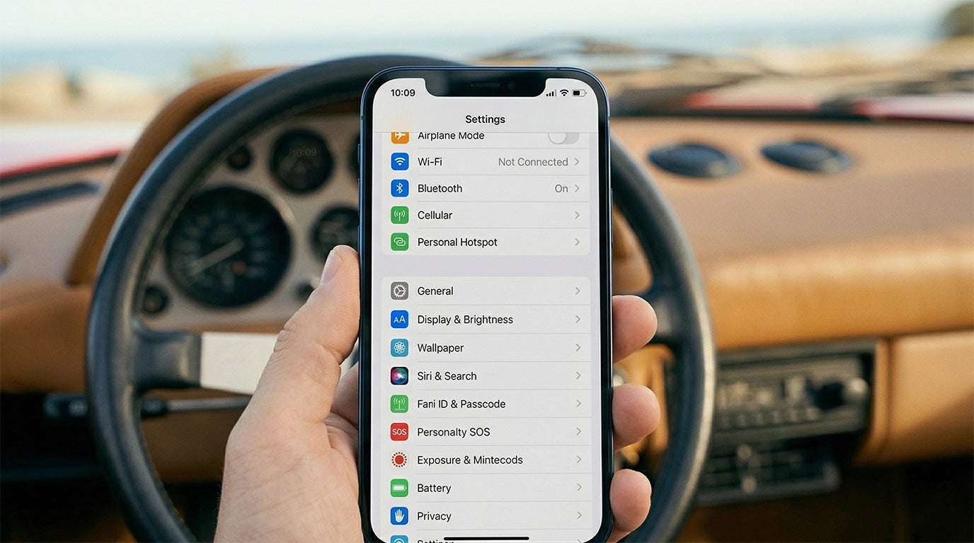iPhone settings beside a car dashboard showing CarPlay compatibility