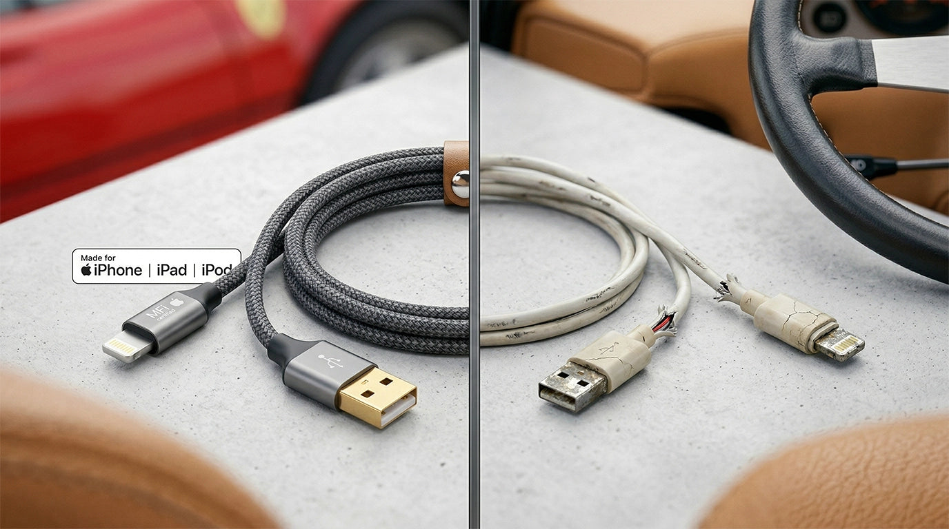 A working USB data cable beside a damaged cable for CarPlay troubleshooting